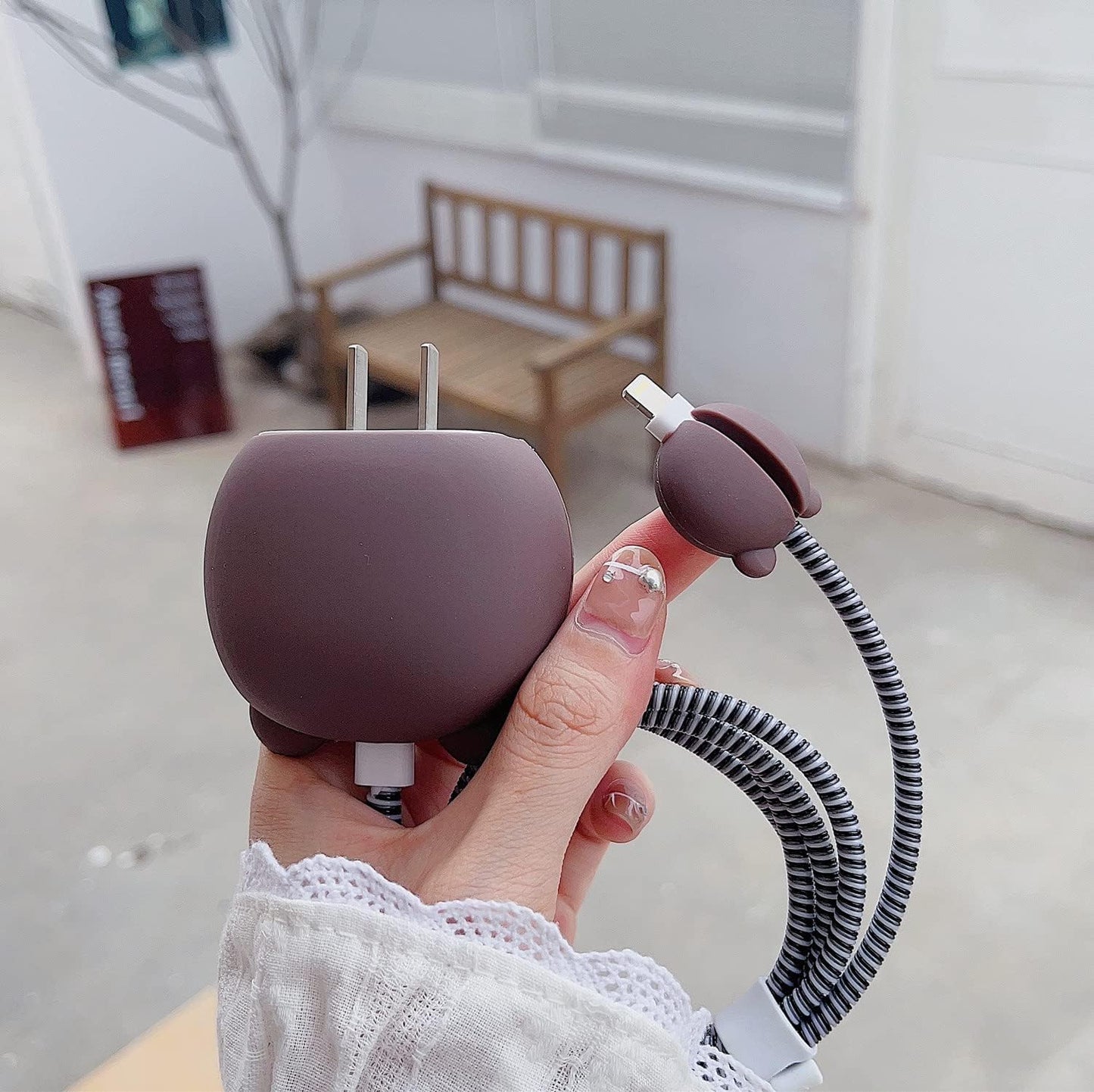 Charger Protector for iPhone Silicone Cover with Cable Saver-3D Brown Bear