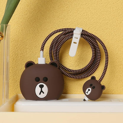 Charger Protector for iPhone Silicone Cover with Cable Saver-3D Brown Bear