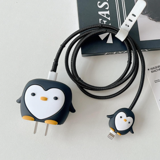 Black Penguin Charger Case & Cable Protector for iPhone